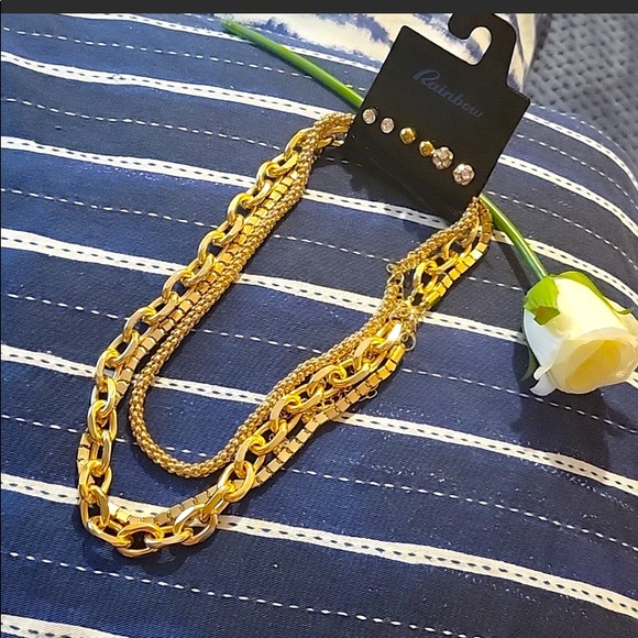 Rainbow Jewelry - 🥳 NWT 3 GOLD CHAINS W/EARRINGS